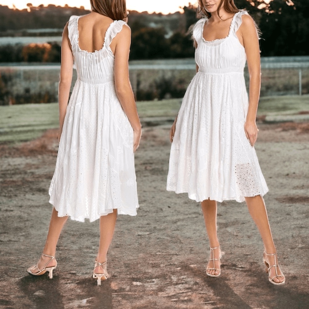 JOHNNY WAS || Eyelet Siren Midi Dress + Slip in White - SZ Medium